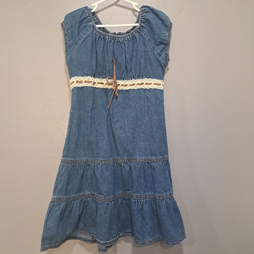 VTG My Michelle Girls Denim Tiered Dress Blue Lace Empire Waist Size 10 Boho